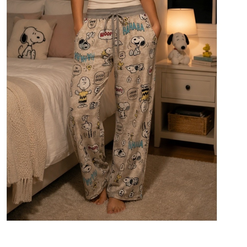 Peanuts Pajama Pants Womens Small Tan Polyester Snoopy Charlie Brown Excellent
